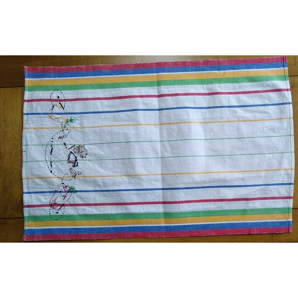 Vtg Embroidered Tea Towel Striped Blue Red Green Puppy 24 x 15.75